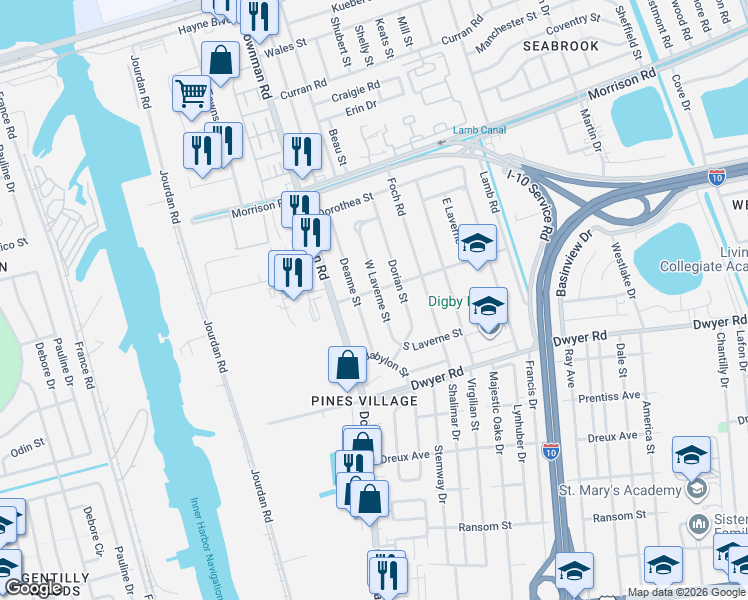 map of restaurants, bars, coffee shops, grocery stores, and more near 6046 Pines Boulevard in New Orleans