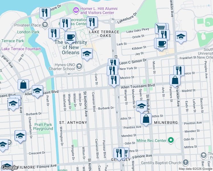 map of restaurants, bars, coffee shops, grocery stores, and more near 6215 Pasteur Boulevard in New Orleans