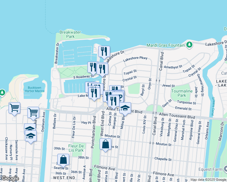 map of restaurants, bars, coffee shops, grocery stores, and more near 208 Jewel Street in New Orleans