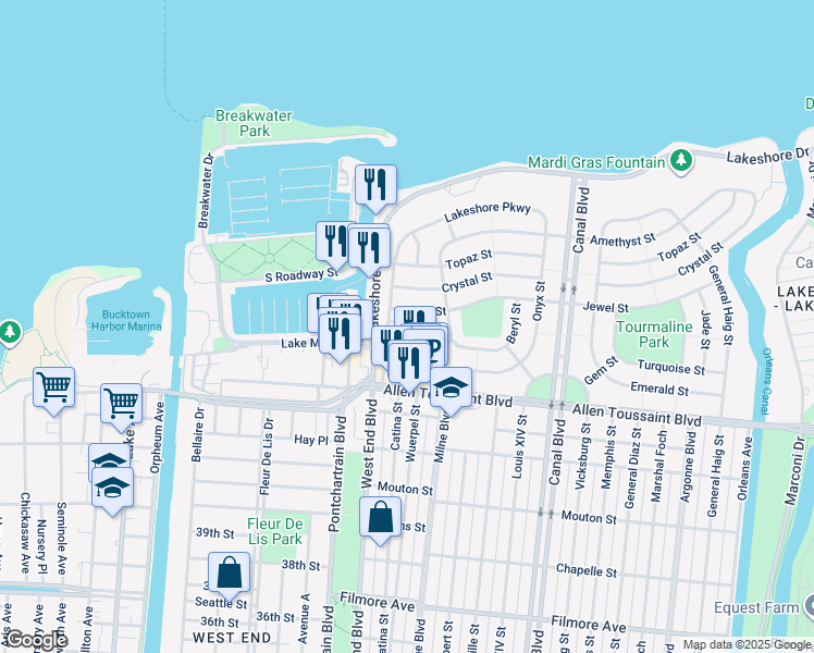map of restaurants, bars, coffee shops, grocery stores, and more near 208 Jewel Street in New Orleans