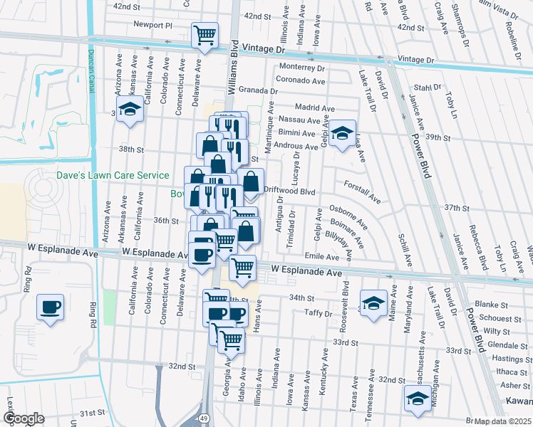 map of restaurants, bars, coffee shops, grocery stores, and more near 3649 Martinique Avenue in Kenner