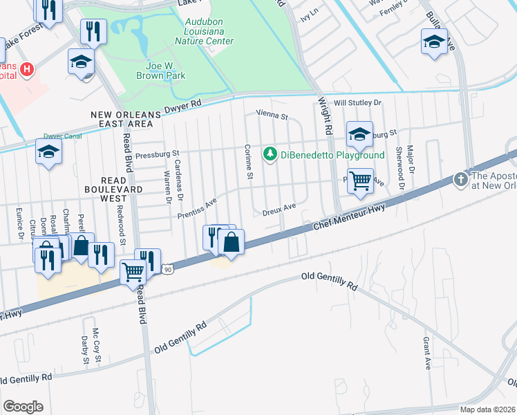 map of restaurants, bars, coffee shops, grocery stores, and more near 4621 Corinne Street in New Orleans