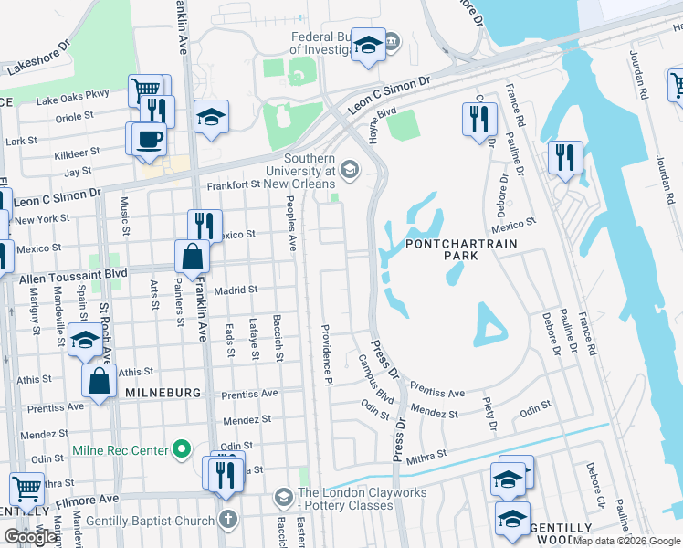 map of restaurants, bars, coffee shops, grocery stores, and more near 6128 Campus Boulevard in New Orleans