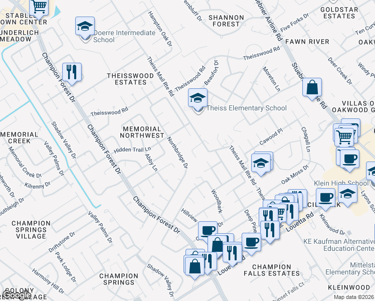 map of restaurants, bars, coffee shops, grocery stores, and more near 8102 Royal Crest Court in Spring