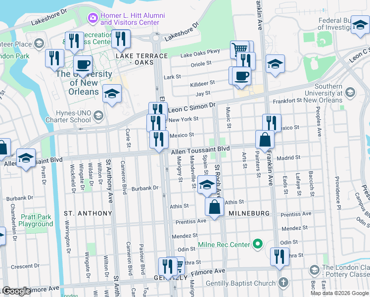 map of restaurants, bars, coffee shops, grocery stores, and more near 6205 Mandeville Street in New Orleans