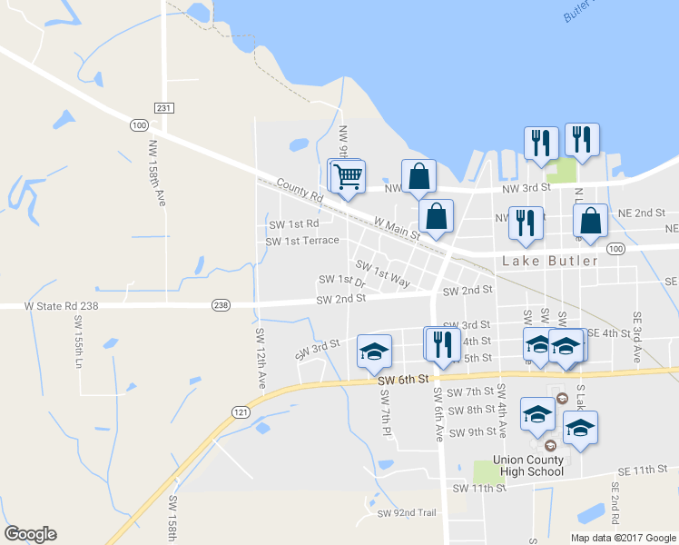 map of restaurants, bars, coffee shops, grocery stores, and more near 180 Southwest 9th Avenue in Lake Butler