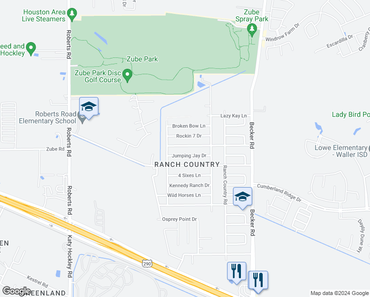 map of restaurants, bars, coffee shops, grocery stores, and more near 24327 Beef Canyon Drive in Hockley