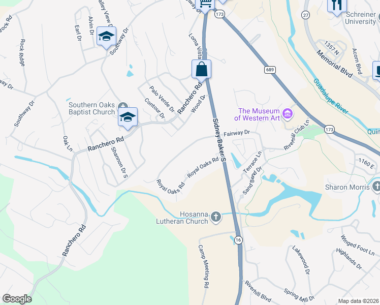 map of restaurants, bars, coffee shops, grocery stores, and more near 109 Royal Oaks Rd in Kerrville