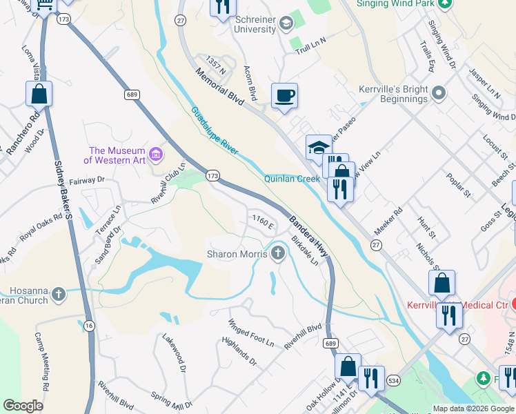 map of restaurants, bars, coffee shops, grocery stores, and more near 516 Preston Trail Loop in Kerrville