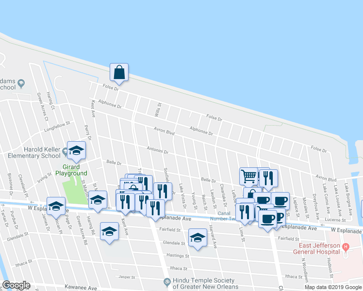 map of restaurants, bars, coffee shops, grocery stores, and more near 337 Highway Drive in New Orleans