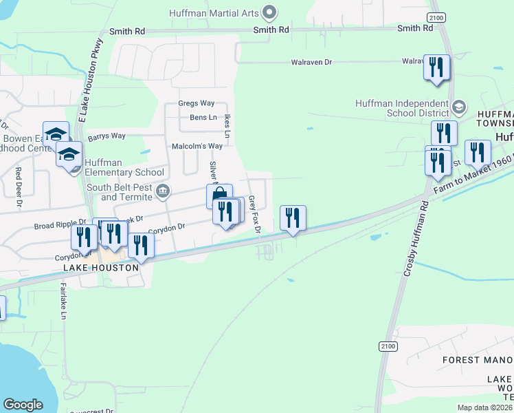 map of restaurants, bars, coffee shops, grocery stores, and more near 1003 Corydon Drive in Huffman
