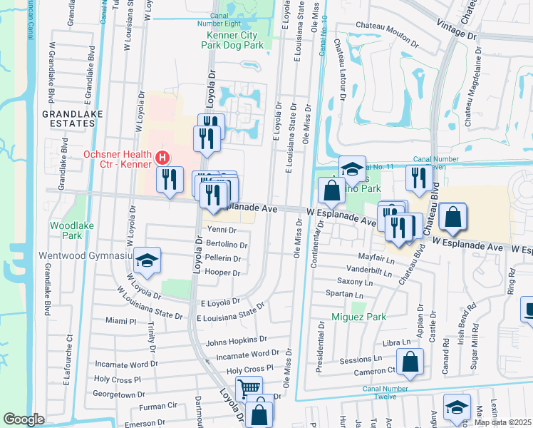 map of restaurants, bars, coffee shops, grocery stores, and more near 3459 East Loyola Drive in Kenner