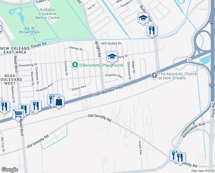 map of restaurants, bars, coffee shops, grocery stores, and more near 1122 King Richard Drive in New Orleans