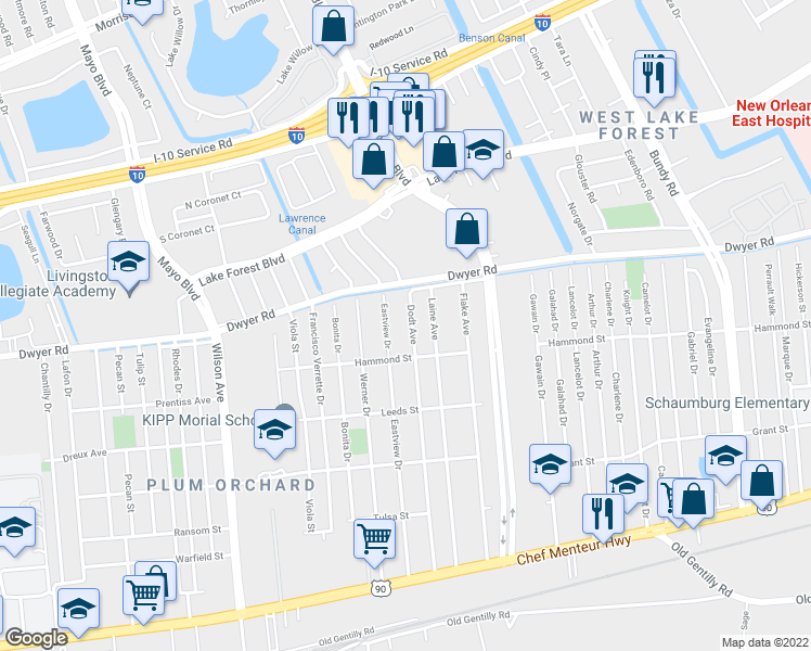 map of restaurants, bars, coffee shops, grocery stores, and more near 4909 Eastview Drive in New Orleans
