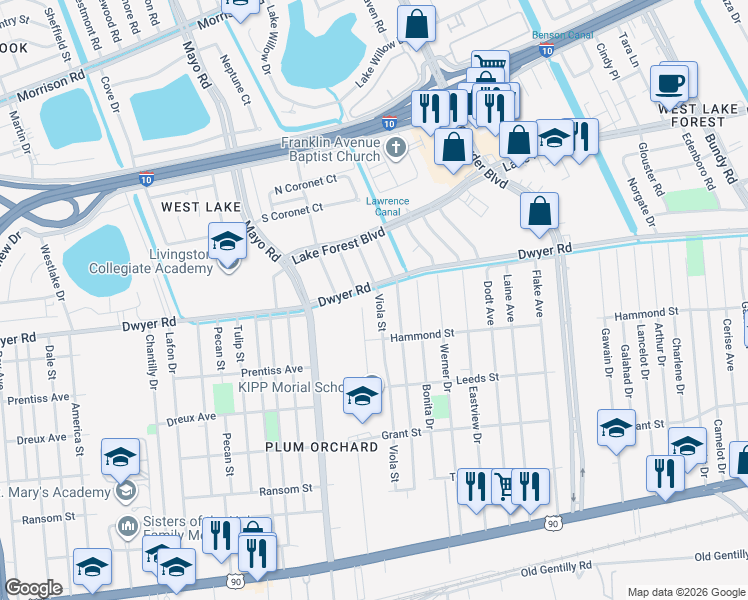 map of restaurants, bars, coffee shops, grocery stores, and more near 4888 Viola Street in New Orleans