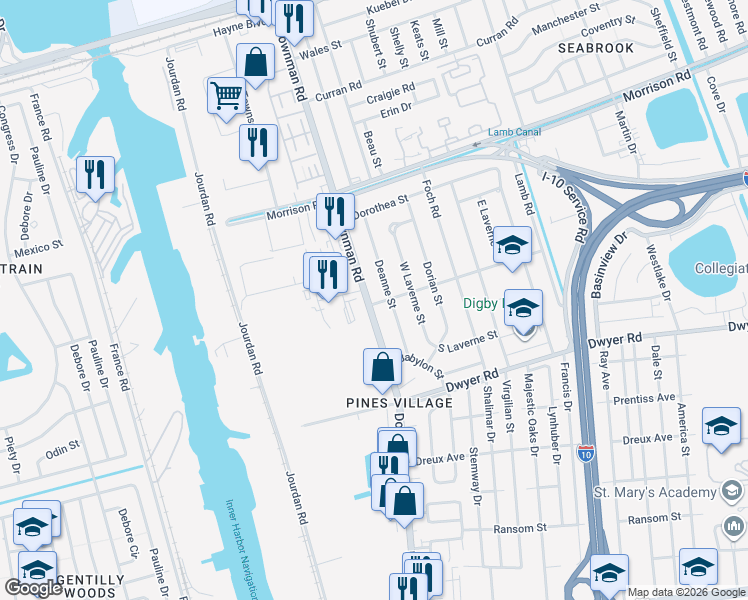 map of restaurants, bars, coffee shops, grocery stores, and more near 6900 Deanne Street in New Orleans