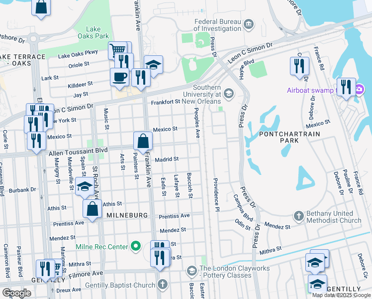 map of restaurants, bars, coffee shops, grocery stores, and more near 2754 Robert E Lee Boulevard in New Orleans