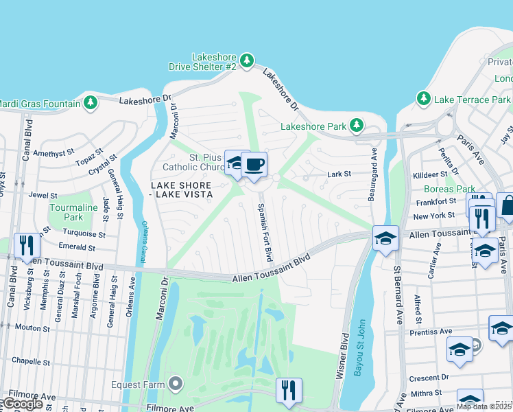 map of restaurants, bars, coffee shops, grocery stores, and more near 104 Egret Street in New Orleans