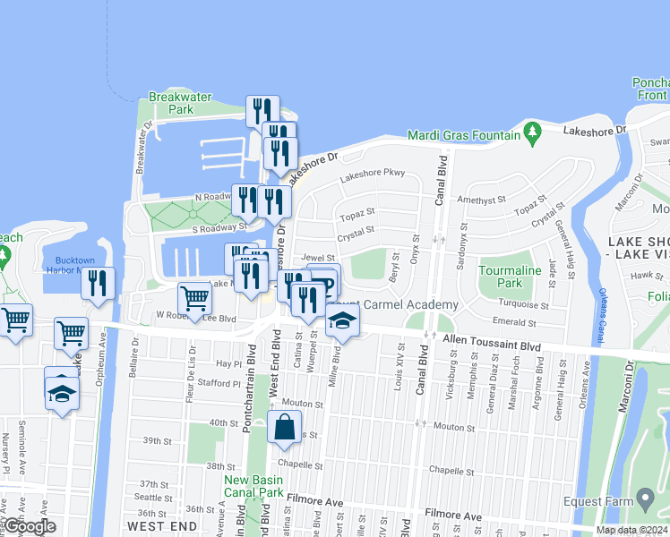 map of restaurants, bars, coffee shops, grocery stores, and more near 322 Jewel Street in New Orleans