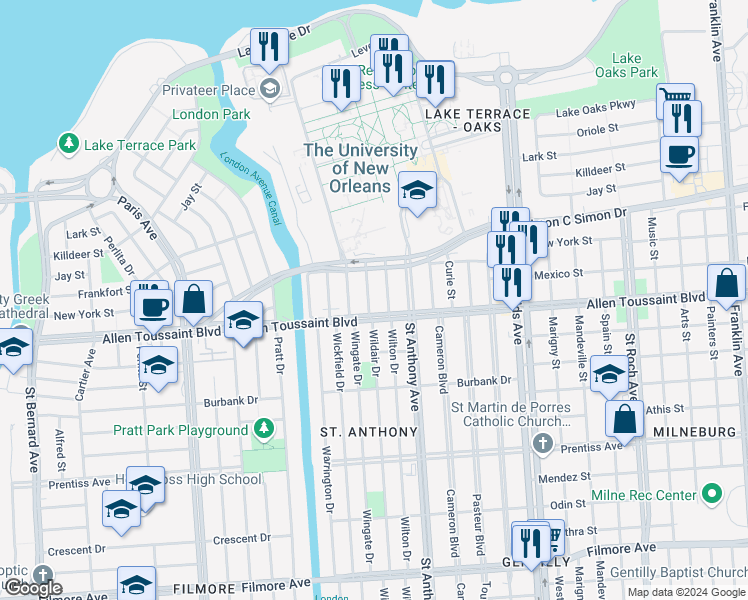 map of restaurants, bars, coffee shops, grocery stores, and more near 6217 Wainwright Drive in New Orleans