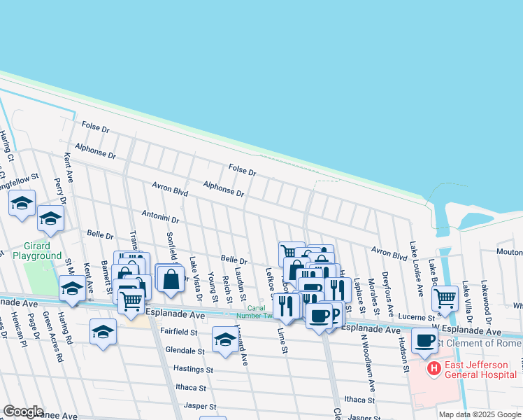 map of restaurants, bars, coffee shops, grocery stores, and more near 4717 Avron Boulevard in Metairie