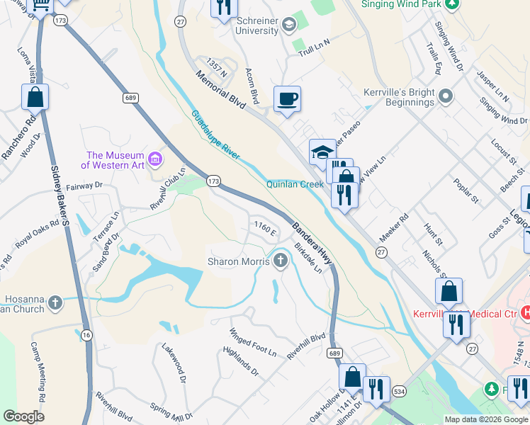 map of restaurants, bars, coffee shops, grocery stores, and more near 516 Preston Trail Loop in Kerrville