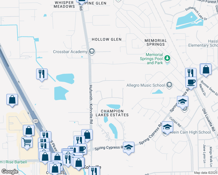 map of restaurants, bars, coffee shops, grocery stores, and more near 17421 Rachels Way Court in Tomball