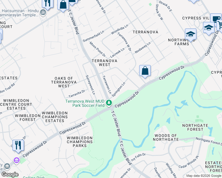 map of restaurants, bars, coffee shops, grocery stores, and more near 17615 Oaksham Lane in Spring