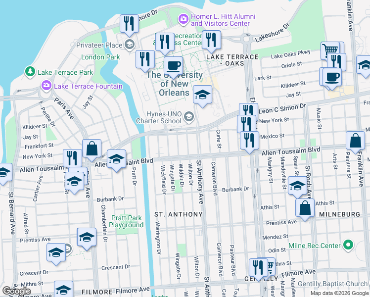 map of restaurants, bars, coffee shops, grocery stores, and more near 6223 Wainwright Drive in New Orleans
