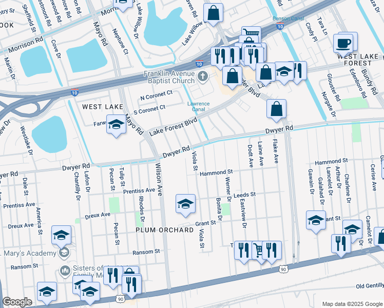 map of restaurants, bars, coffee shops, grocery stores, and more near 4888 Viola Street in New Orleans