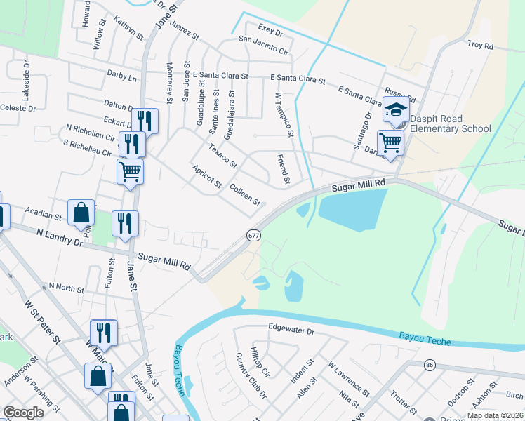 map of restaurants, bars, coffee shops, grocery stores, and more near 515 Tartan Street in New Iberia