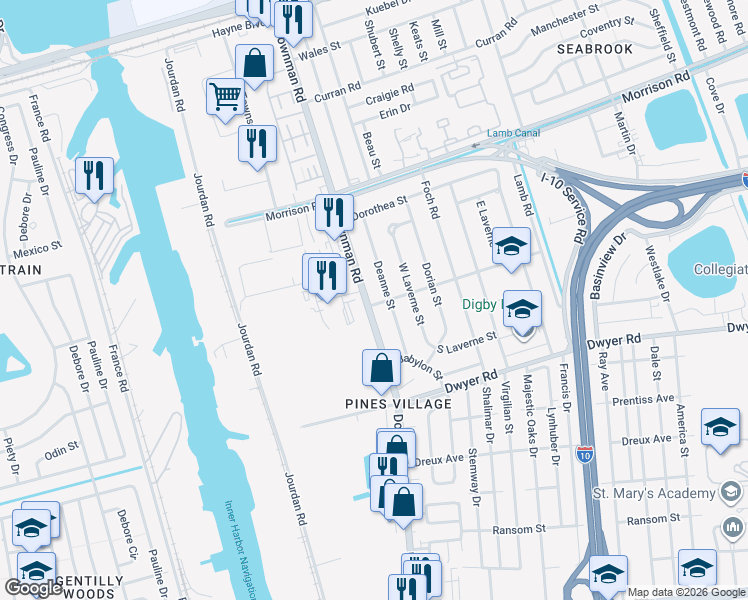 map of restaurants, bars, coffee shops, grocery stores, and more near 6900 Deanne Street in New Orleans