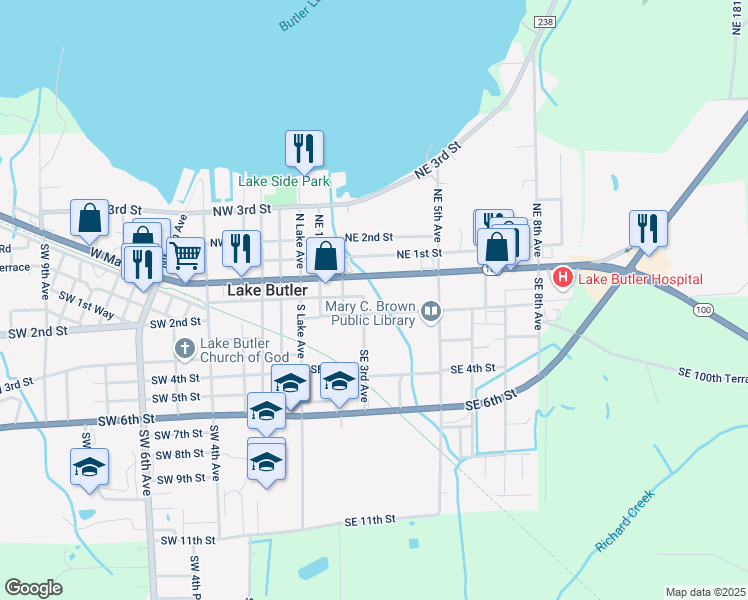 map of restaurants, bars, coffee shops, grocery stores, and more near 115 Southeast 3rd Avenue in Lake Butler