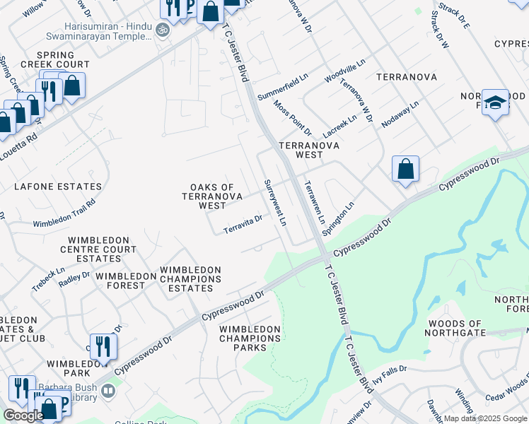 map of restaurants, bars, coffee shops, grocery stores, and more near 17707 Ravenno Lane in Spring