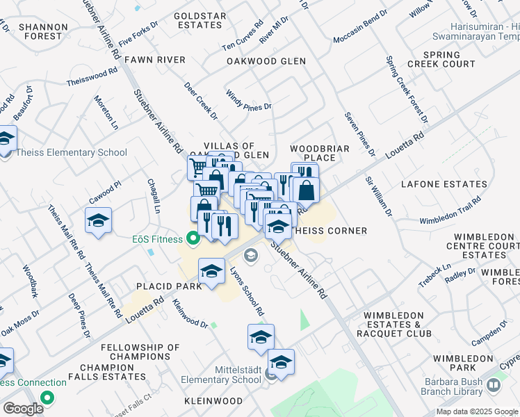 map of restaurants, bars, coffee shops, grocery stores, and more near 16864 Stuebner Airline Road in Spring