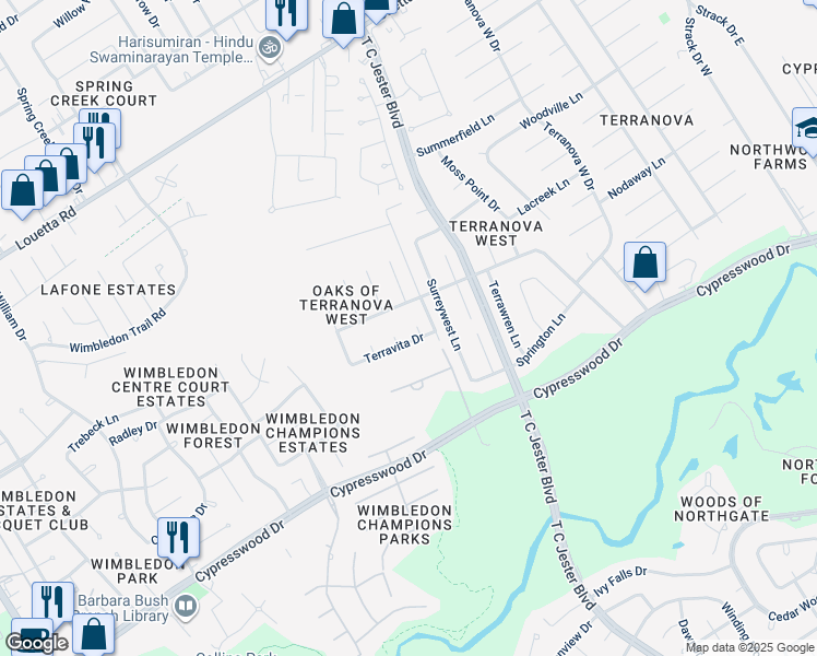 map of restaurants, bars, coffee shops, grocery stores, and more near 17707 Ravenno Lane in Spring