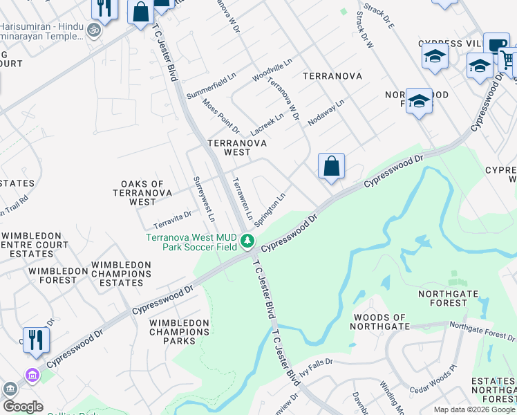 map of restaurants, bars, coffee shops, grocery stores, and more near 17615 Oaksham Lane in Spring