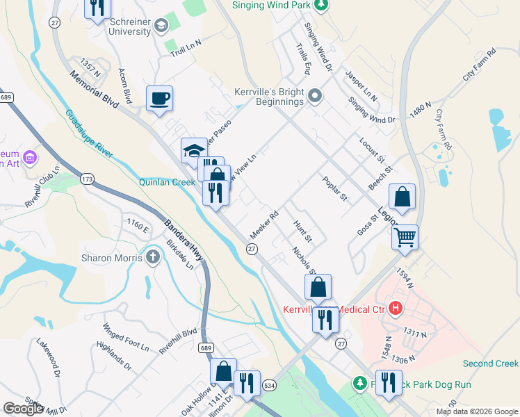 map of restaurants, bars, coffee shops, grocery stores, and more near 440 Burleson Boulevard North in Kerrville