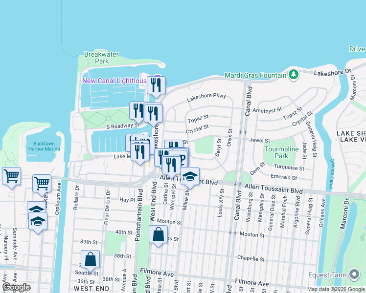 map of restaurants, bars, coffee shops, grocery stores, and more near 322 Jewel Street in New Orleans