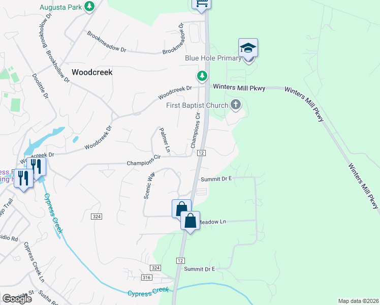 map of restaurants, bars, coffee shops, grocery stores, and more near 103 Overlook Circle in Wimberley
