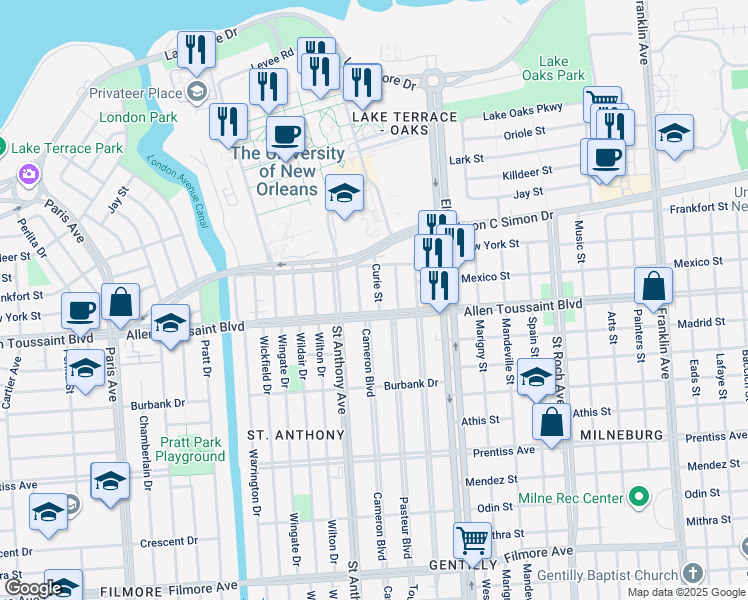 map of restaurants, bars, coffee shops, grocery stores, and more near 6217 Cameron Boulevard in New Orleans