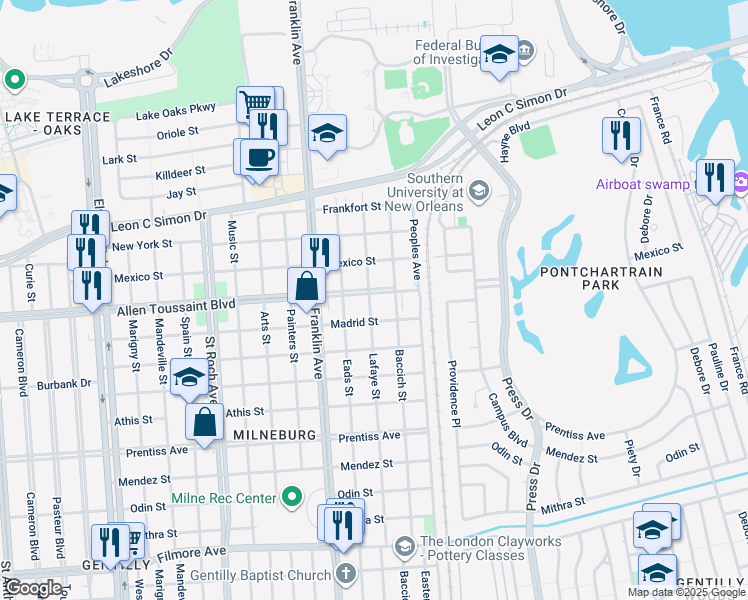 map of restaurants, bars, coffee shops, grocery stores, and more near 2704 Robert E Lee Boulevard in New Orleans