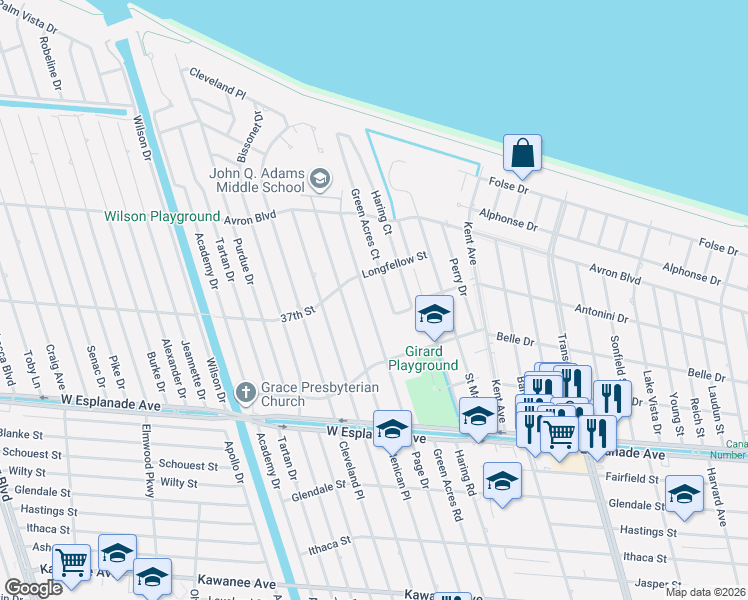 map of restaurants, bars, coffee shops, grocery stores, and more near 4709 Green Acres Court in Metairie