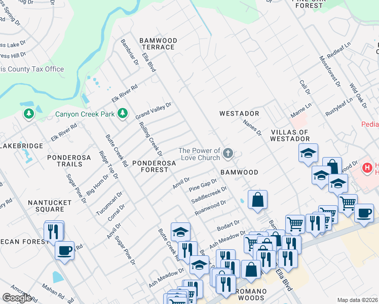map of restaurants, bars, coffee shops, grocery stores, and more near 1503 Wagon Gap Trail in Houston