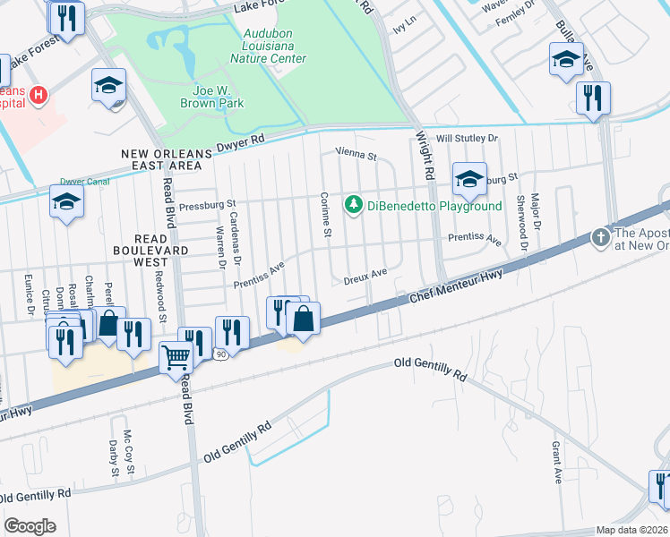 map of restaurants, bars, coffee shops, grocery stores, and more near 4621 Corinne Street in New Orleans