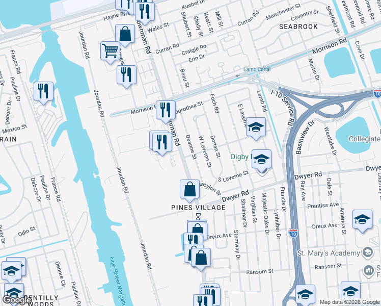 map of restaurants, bars, coffee shops, grocery stores, and more near 6900 Deanne Street in New Orleans