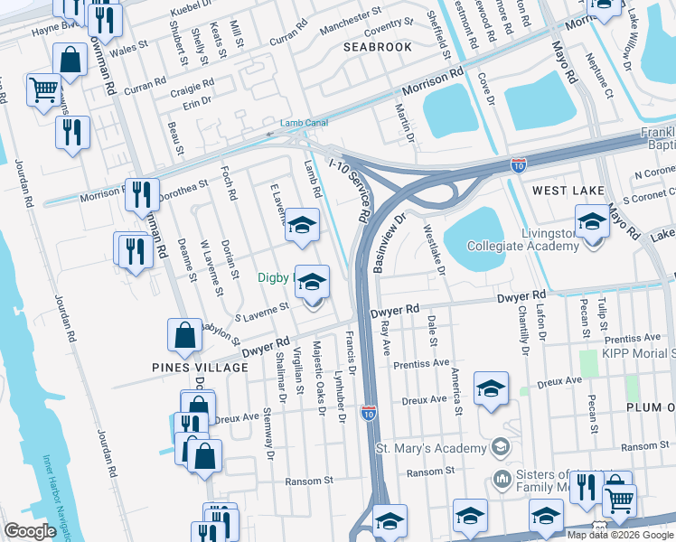 map of restaurants, bars, coffee shops, grocery stores, and more near 6622 Lamb Road in New Orleans
