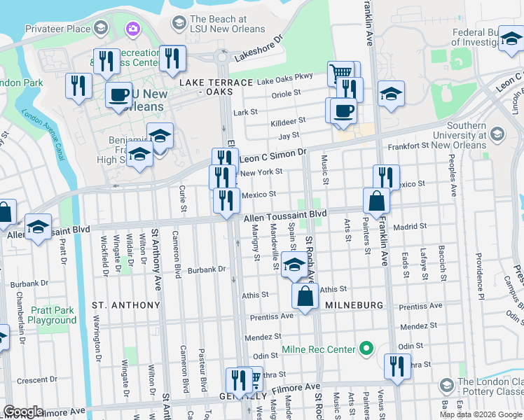 map of restaurants, bars, coffee shops, grocery stores, and more near 6208 Marigny Street in New Orleans