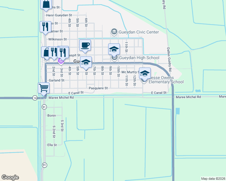 map of restaurants, bars, coffee shops, grocery stores, and more near 512-1004 Pasquiere Street in Gueydan