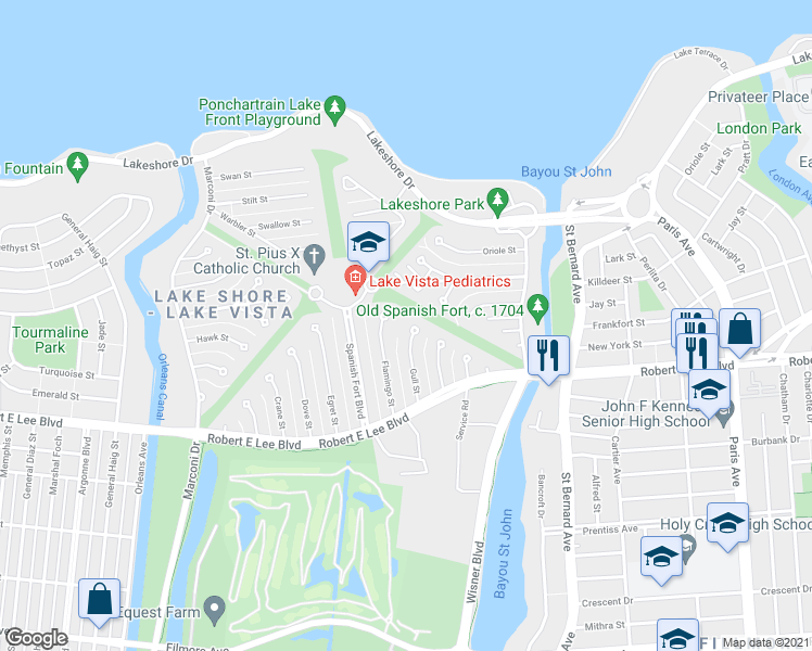 map of restaurants, bars, coffee shops, grocery stores, and more near 55 Gull Street in New Orleans
